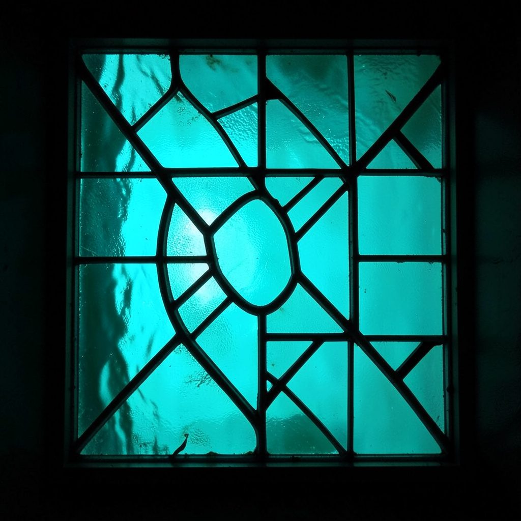Atmospheric stained-glass composition with bold leaded panels in muted blues, greens, and creamy whites, suggesting quiet reflection.